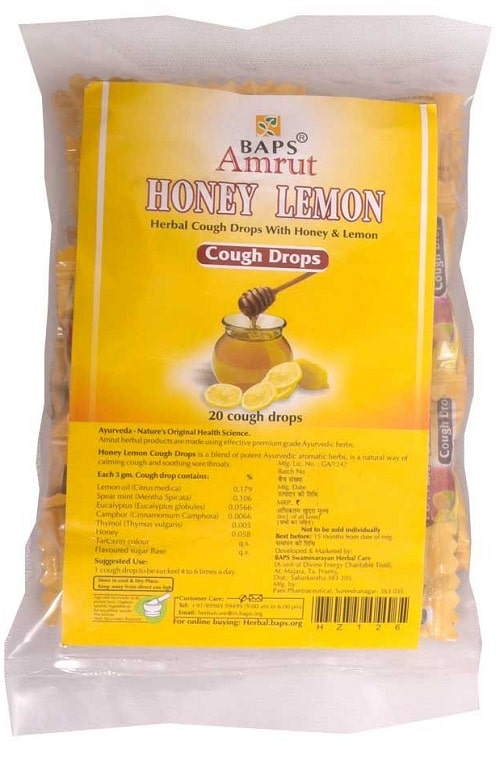 Леденцы от кашля Мёд и Лимон (Honey Lemon Cough Drops) Baps Amrut, 20 шт