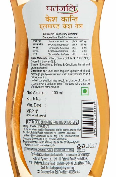 Миндальное масло для волос Кеш Канти (Almond Hair Oil Kesh Kanti) Patanjali, 100 мл
