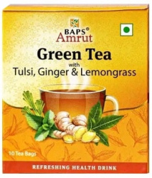 Зеленый чай с Тулси, Имбирем и Лемонграссом (Green Tea with Tulsi, Ginger & Lemongrass) Baps Amrut, 10 пак